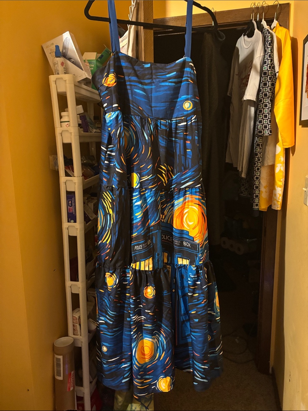 Dr Who/ Blue Starry Maxi Dress with Yellow Accents
